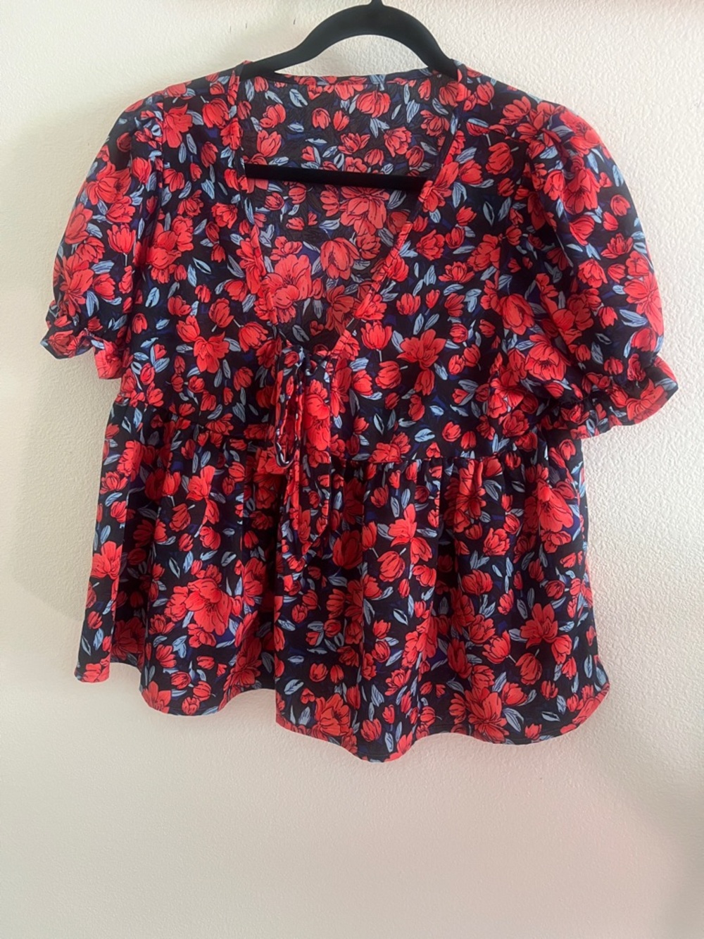 Floral Tie-Front Peasant Blouse - Red Floral